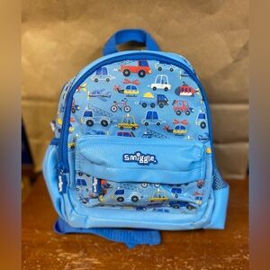 NWOT Smiggle Boys Junior Backpack School Bag Blue Trucks Cars Helicopters